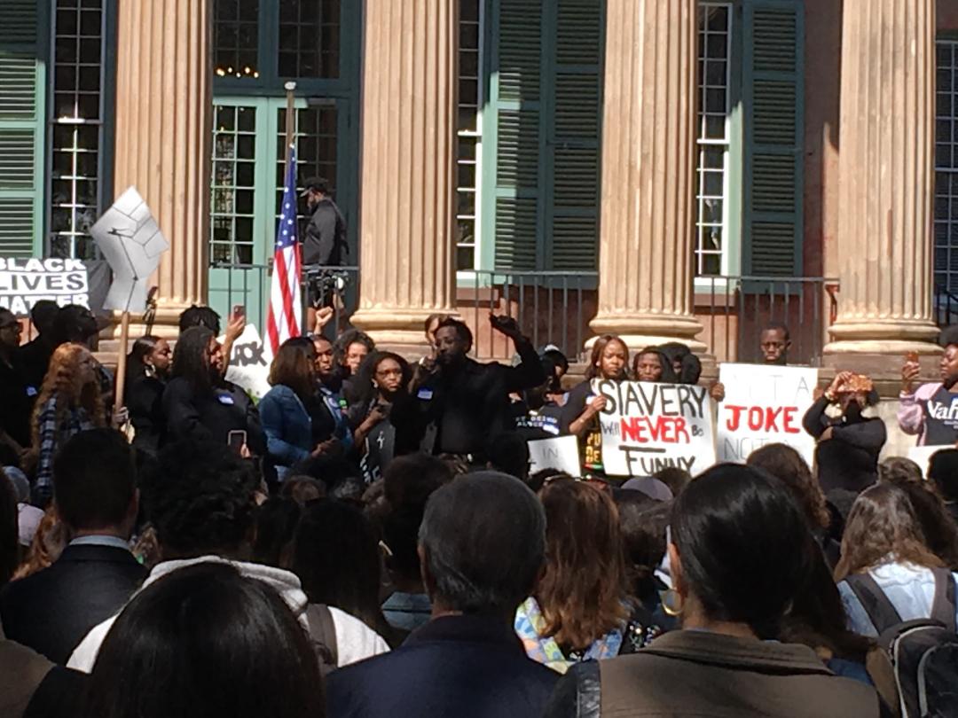 Students assemble on March 8, 2019, to protest a third instance of racism from peers. 